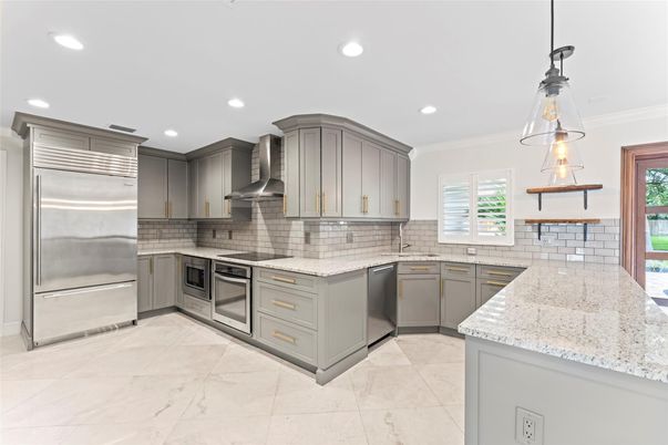 Interior, Kitchen, Marble, Pendant Lights, Recessed Lighting, Stainless Steel Appliances