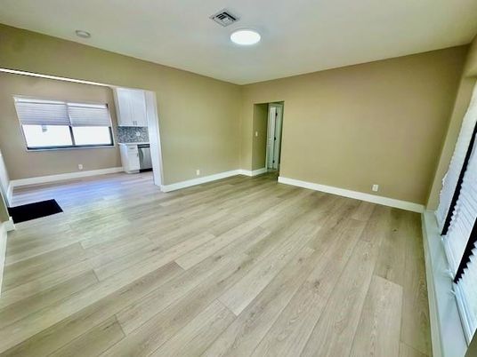 Empty room, Interior, Kitchen, Recessed Lighting, Wood Texture Flooring