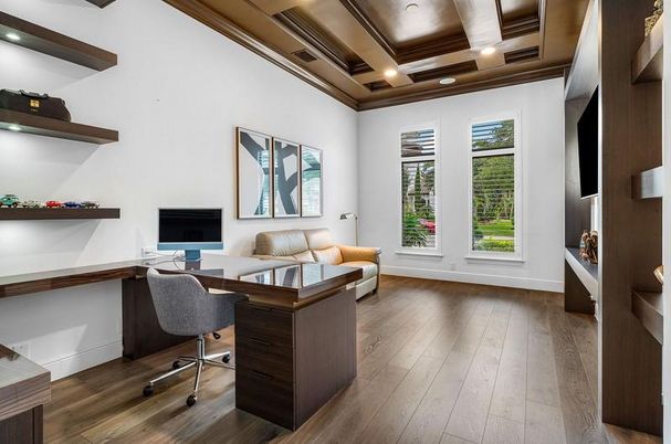 Home Office, Interior, Recessed Lighting, Wooden Beams, Wood Texture Flooring