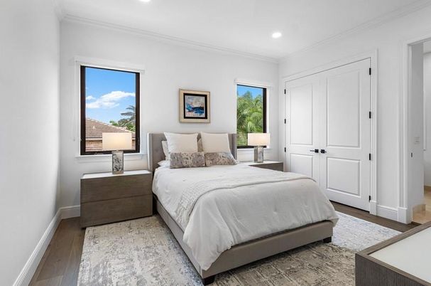 Bedroom, Interior, Recessed Lighting, Wood Texture Flooring
