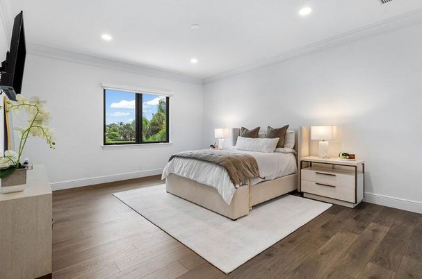 Bedroom, Interior, Recessed Lighting, Wood Texture Flooring
