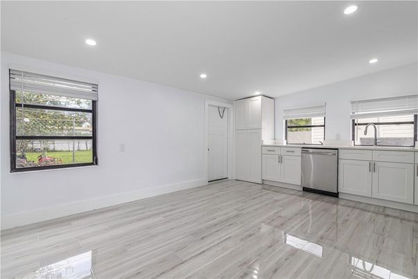 Empty room, Interior, Kitchen, Recessed Lighting, Wood Texture Flooring