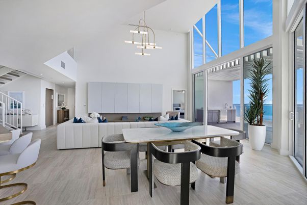 Dining room, Interior, Living room, Pendant Lights, Recessed Lighting, Water, Wood Texture Flooring