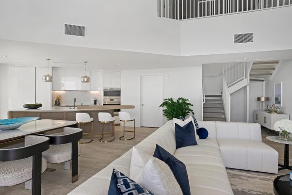 Dining room, Interior, Kitchen, Living room, Pendant Lights, Recessed Lighting, Stainless Steel Appliances, Wood Texture Flooring