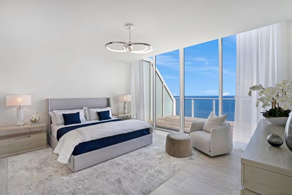 Bedroom, Interior, Pendant Lights, Water, Wood Texture Flooring