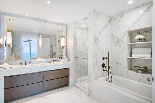 Bathroom, Glass Shower, Interior, Marble, Marble Walls, Recessed Lighting, Water