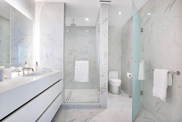 Bathroom, Glass Shower, Interior, Marble, Marble Walls, Recessed Lighting