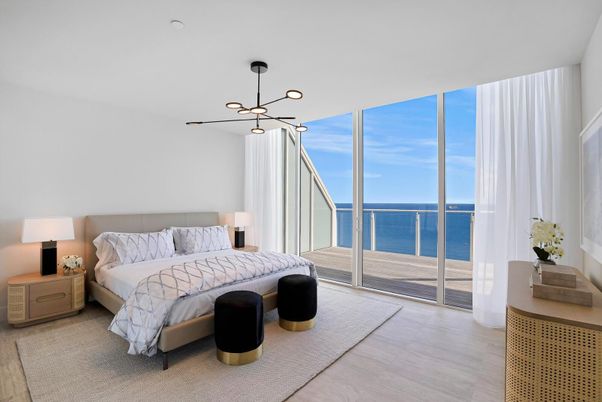 Bedroom, Interior, Pendant Lights, Water, Wood Texture Flooring