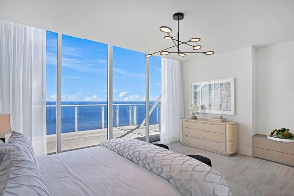 Bedroom, Interior, Pendant Lights, Water, Wood Texture Flooring