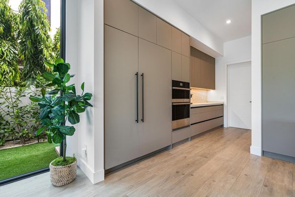 Interior, Kitchen, Recessed Lighting, Stainless Steel Appliances, Wood Texture Flooring