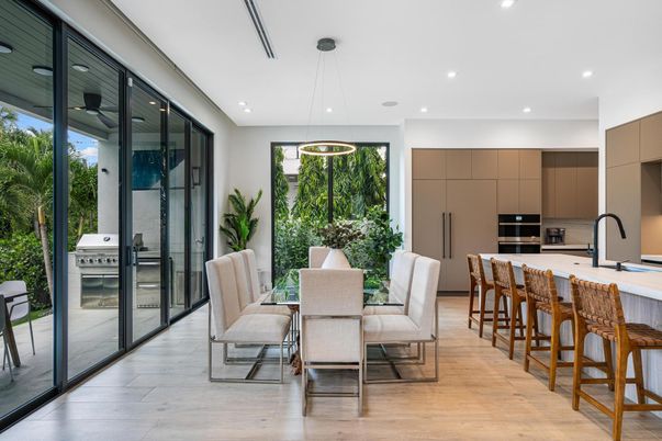 Dining room, Interior, Kitchen, Pendant Lights, Recessed Lighting, Stainless Steel Appliances, Wood Texture Flooring