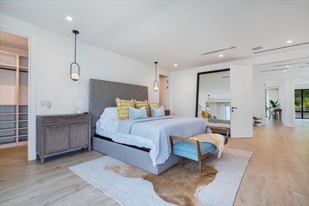 Bedroom, Interior, Pendant Lights, Recessed Lighting, Wood Texture Flooring