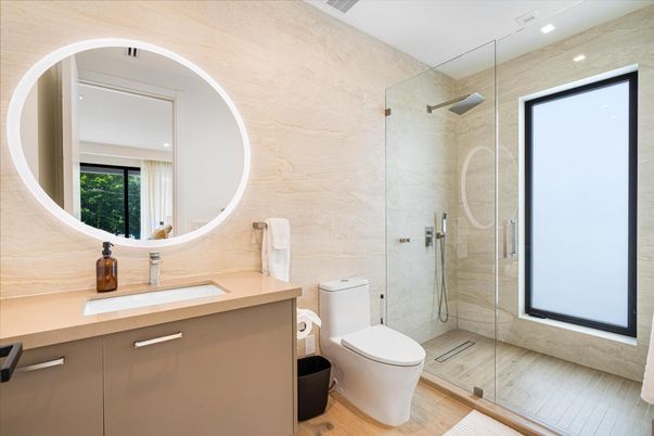 Bathroom, Glass Shower, Interior, Recessed Lighting, Wood Texture Flooring
