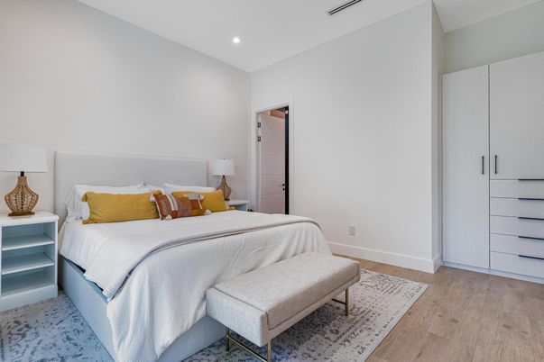 Bedroom, Interior, Recessed Lighting, Wood Texture Flooring