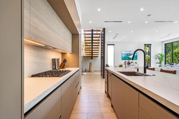 Interior, Kitchen, Marble Walls, Recessed Lighting, Wood Texture Flooring