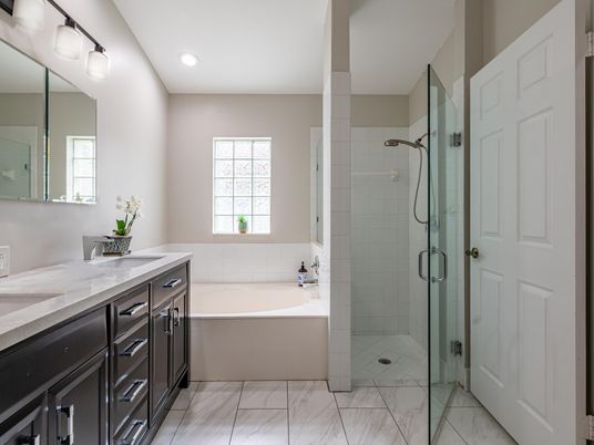 Bathroom, Dual Sink Vanities, Glass Shower, Interior, Marble, Recessed Lighting