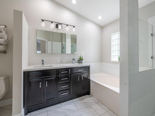 Bathroom, Dual Sink Vanities, Interior, Marble, Recessed Lighting
