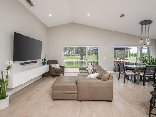 Dining room, Interior, Living room, Pendant Lights, Recessed Lighting, Wood Texture Flooring