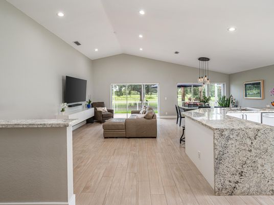 Dining room, Interior, Living room, Pendant Lights, Recessed Lighting, Wood Texture Flooring