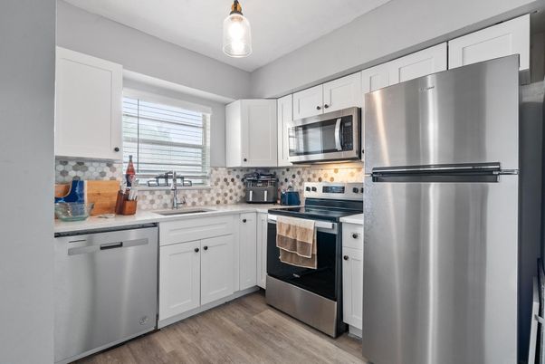 Interior, Kitchen, Pendant Lights, Stainless Steel Appliances, Wood Texture Flooring