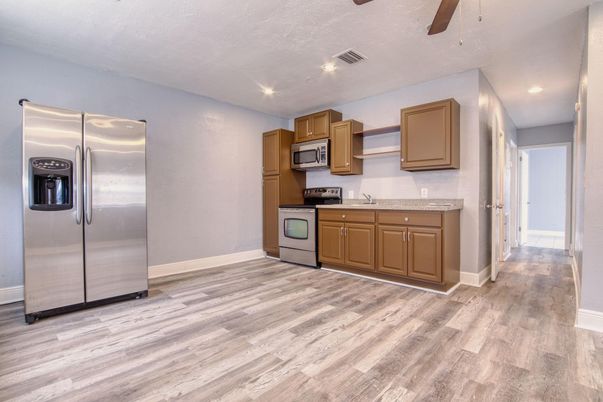 Interior, Kitchen, Recessed Lighting, Stainless Steel Appliances, Wood Texture Flooring