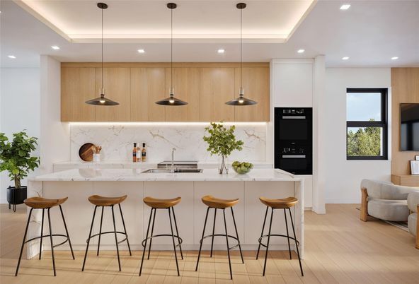 Interior, Kitchen, Marble Walls, Pendant Lights, Recessed Lighting, Stainless Steel Appliances, Wood Texture Flooring