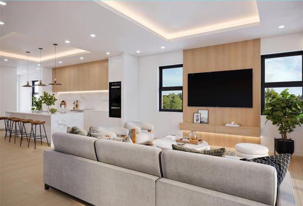 Interior, Kitchen, Living room, Marble Walls, Pendant Lights, Recessed Lighting, Wood Texture Flooring