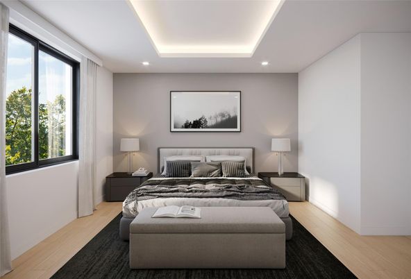 Bedroom, Interior, Recessed Lighting, Wood Texture Flooring