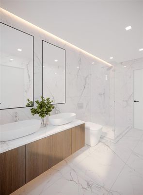 Bathroom, Dual Sink Vanities, Glass Shower, Interior, Marble, Marble Walls, Recessed Lighting