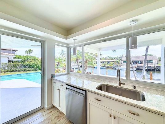 Interior, Kitchen, Pendant Lights, Water, Wood Texture Flooring
