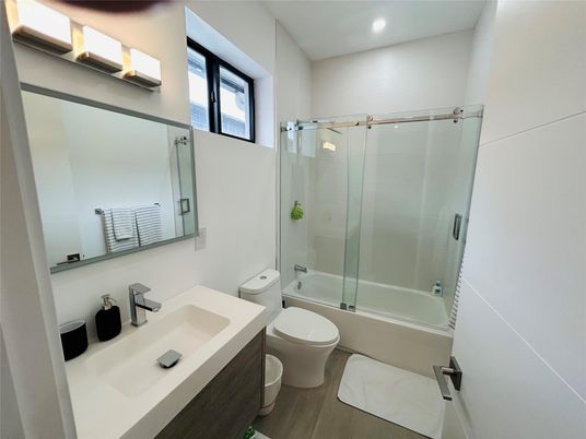 Bathroom, Glass Shower, Interior, Recessed Lighting, Wood Texture Flooring