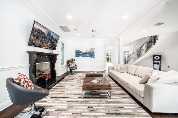 Fireplace, Interior, Living room, Recessed Lighting, Wood Texture Flooring