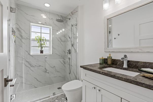 Bathroom, Glass Shower, Interior, Marble Walls, Recessed Lighting