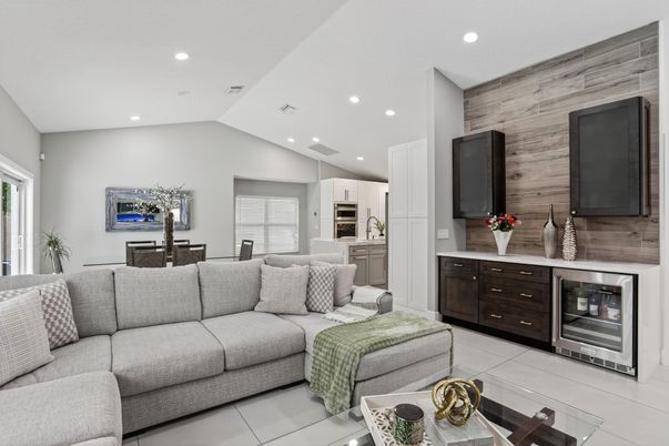 Dining room, Interior, Kitchen, Living room, Recessed Lighting, Stainless Steel Appliances, Wooden Walls