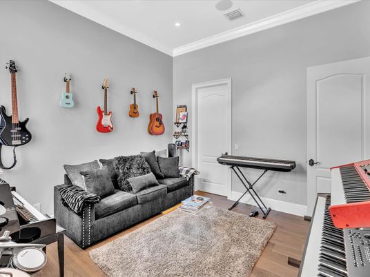 Interior, Living room, Piano, Recessed Lighting, Wood Texture Flooring