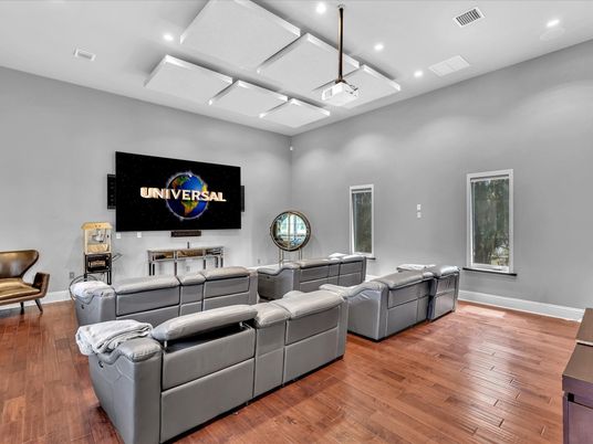 Home Theatre Room, Interior, Projection Screen, Recessed Lighting, Theatre Room, Wood Texture Flooring