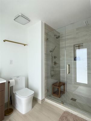 Bathroom, Glass Shower, Interior, Wood Texture Flooring