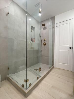 Bathroom, Glass Shower, Interior, Recessed Lighting, Wood Texture Flooring
