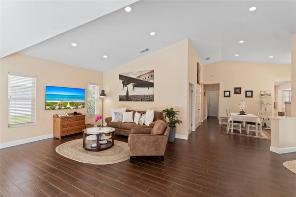 Dining room, Interior, Living room, Recessed Lighting, Wood Texture Flooring