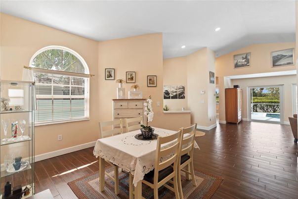 Dining room, Interior, Recessed Lighting, Wood Texture Flooring