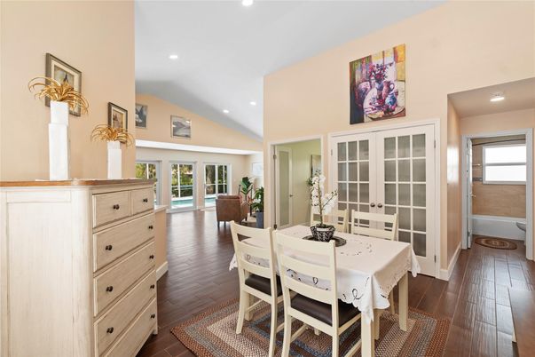 Dining room, Interior, Recessed Lighting, Wood Texture Flooring