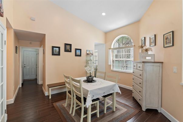 Dining room, Interior, Recessed Lighting, Wood Texture Flooring