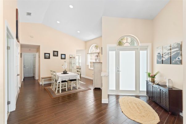 Dining room, Interior, Recessed Lighting, Wood Texture Flooring
