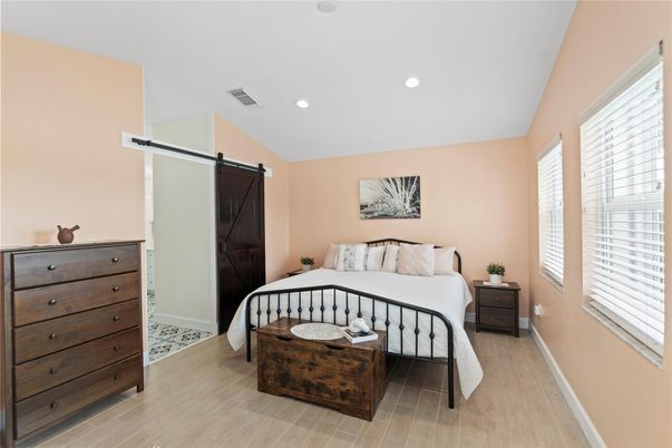 Bedroom, Interior, Recessed Lighting, Wood Texture Flooring