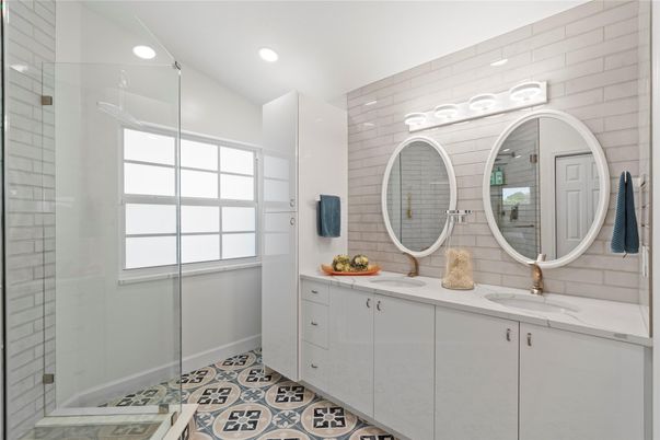 Bathroom, Dual Sink Vanities, Glass Shower, Interior, Recessed Lighting