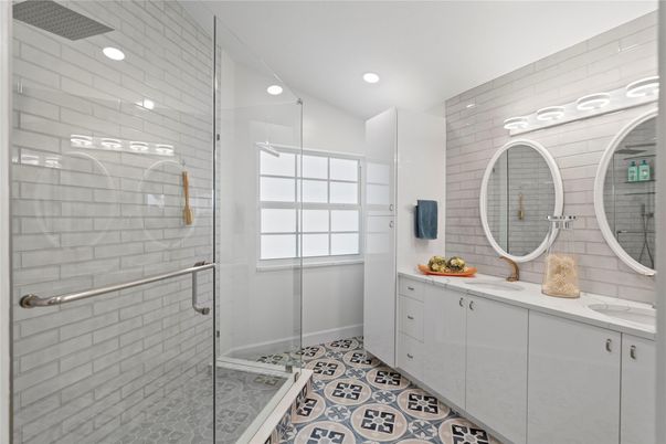 Bathroom, Dual Sink Vanities, Glass Shower, Interior, Recessed Lighting
