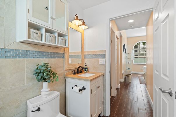 Bathroom, Interior, Recessed Lighting, Wood Texture Flooring