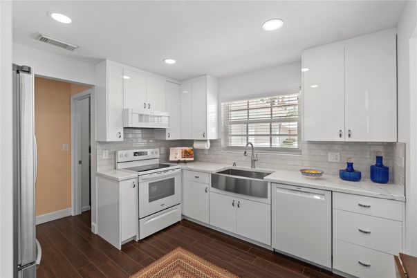 Interior, Kitchen, Recessed Lighting, Stainless Steel Appliances, Wood Texture Flooring