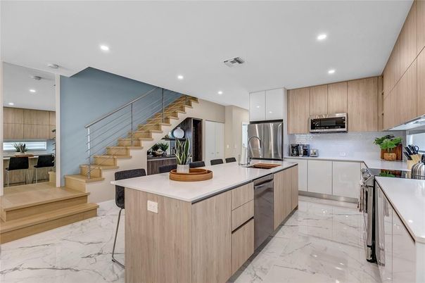 Interior, Kitchen, Marble, Recessed Lighting, Stainless Steel Appliances