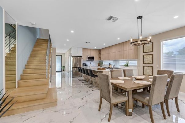 Dining room, Interior, Kitchen, Marble, Pendant Lights, Recessed Lighting, Stainless Steel Appliances